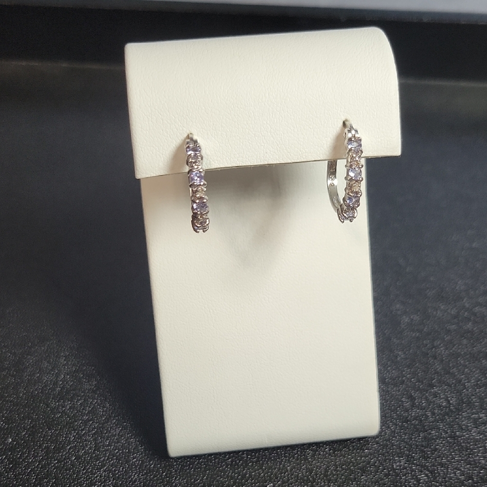 925 Sterling Silver Tanzanite & Diamond Hoop Earrings Purple Stone